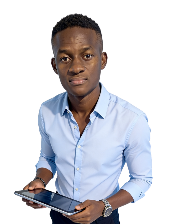 Le formateur, tablette en main, entouré des créations réalisées dans chaque module de la formation.