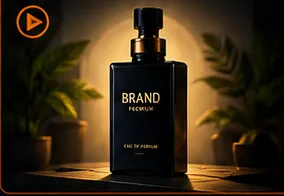 Publicité IA : un flacon de parfum de marque mis en scène dans un décor sombre et végétal.
