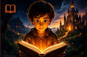 Histoire animée générée par IA : un enfant lit un livre lumineux devant un château.
