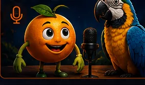 Personnages IA : une orange animée et un perroquet devant un micro de studio.
